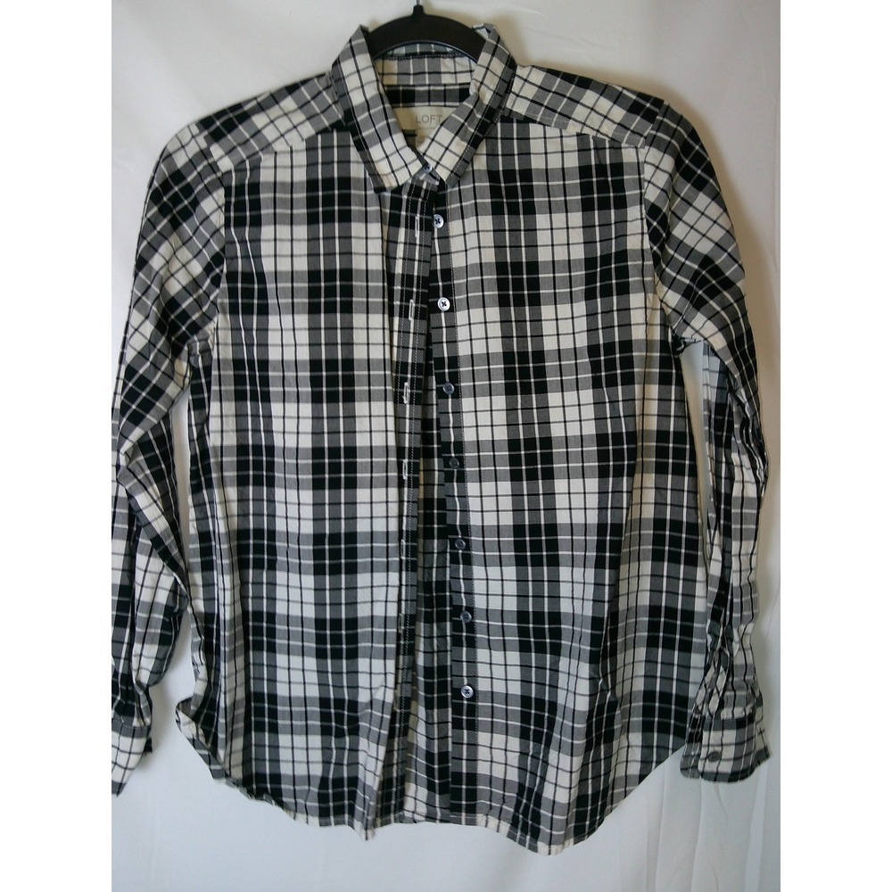 LOFT Petites Black White Plaid Button Down Shirt Long Sleeve Blouse XSP